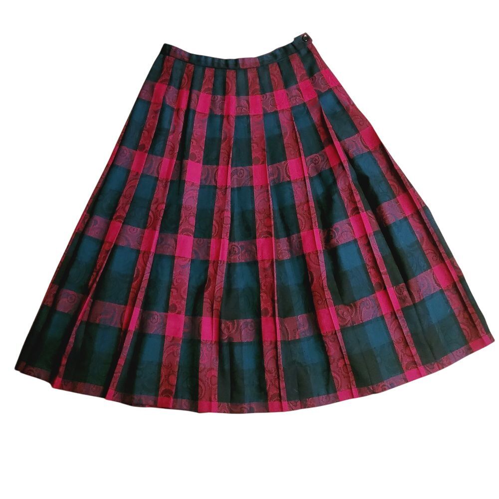 Pendleton Vintage 90s Plaid Floral Pleated A-Line Midi 100% Virgin Wool Skirt 12